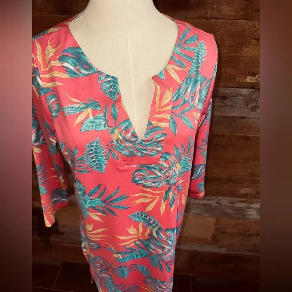 Caribbean Joe Tropical Floral Notch Neck Shift Dress Pink Blue Size Medium